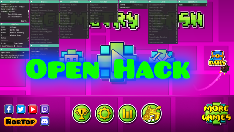 Open Hack: читы для ПК версии Геометрии Даш